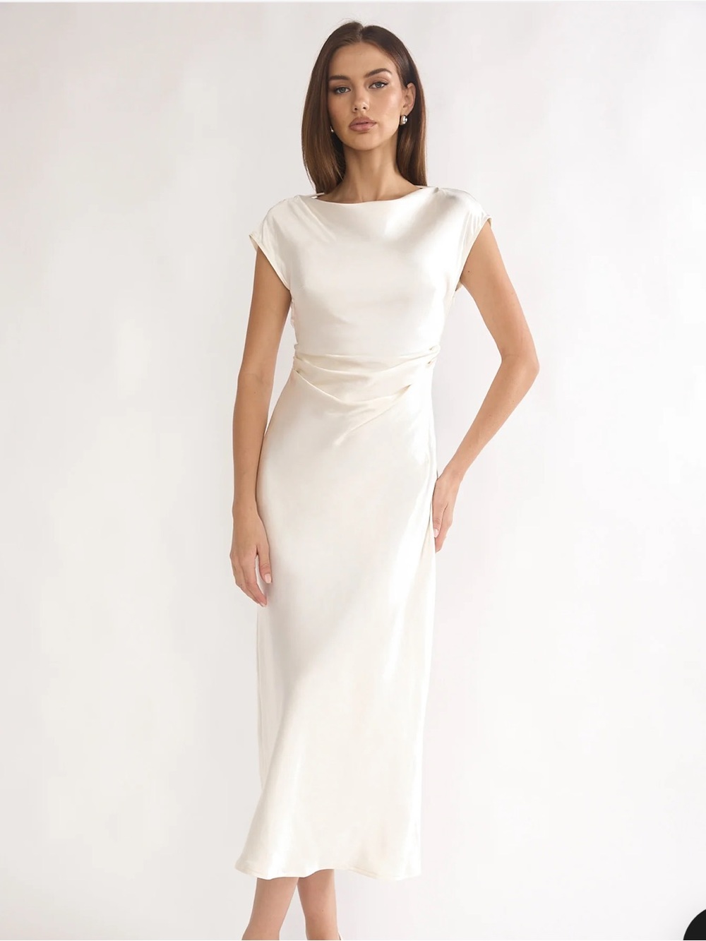 NWT Selfie Leslie Loveland Pleat Cowl Back Midi Dress Oyster